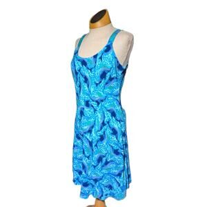 Vtg 1990s Rainbow Jo Blue Dolphin Print Rayon Sleeveless Mini Sun Dress Sz M